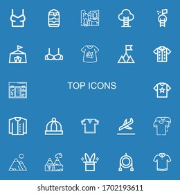 Editable 22 top icons for web and mobile. Set of top included icons line Shirt, Beer can, Cliff, Goal, Circus, Brassiere, Tshirt, Mountain, Topping, Cardigan on blue background