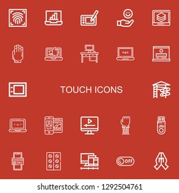 Editable 22 touch icons for web and mobile. Set of touch included icons line Fingerprint scan, Laptop, Graphic tablet, Hand, Desktop, Slider, Responsive, Screen on red background