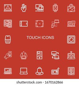 Editable 22 touch icons for web and mobile. Set of touch included icons line Laptop, Hand, Screens, Smartwatch, Responsive, Tablet, Cellphone, Dimmer, Insert coin on red background