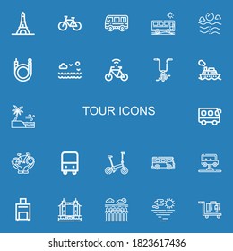 Editable 22 tour icons for web and mobile. Set of tour included icons line Eiffel tower, Bicycle, Bus, Sea, Cruise, Luggage, Tower bridge, Segovia on blue background