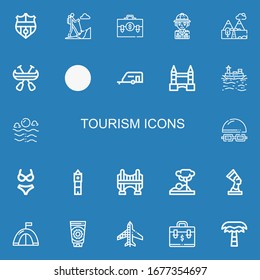Editable 22 tourism icons for web and mobile. Set of tourism included icons line Nantes, Hiking, Suitcase, Safari, Mountains, Canoe, Swimming pool, Caravan on blue background