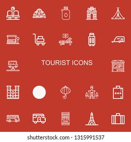 Editable 22 tourist icons for web and mobile. Set of tourist included icons line Waiting room, Lotus temple, Canteen, India gate, Tent, Bus stop, Luggage, Sunbed on red background