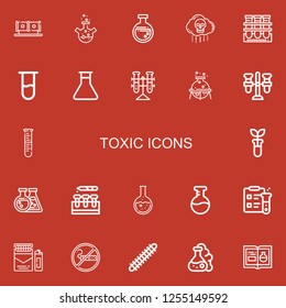 Editable 22 toxic icons for web and mobile. Set of toxic included icons line Tube, Flask, Bio weapon, Test tube, Tubes, Lab, Science, Cigarette, Smoking, Centipede on red background