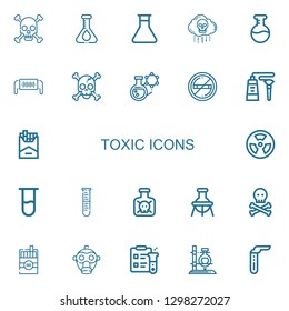 Editable 22 toxic icons for web and mobile. Set of toxic included icons line Skull, Flask, Bio weapon, Safety mask, No smoking, Tube, Cigarette, Radioactive on white background