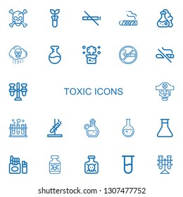 Editable 22 toxic icons for web and mobile. Set of toxic included icons line Skull, Test tube, No smoke, Cigar, Flask, Bio weapon, Chemical reaction, Smoking on white background
