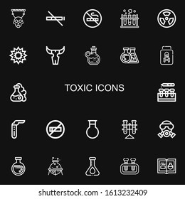 Editable 22 toxic icons for web and mobile. Set of toxic included icons line Skull, No smoke, No smoking, Chemistry, Radioactive, Explosion, Elixir, Flask on black background