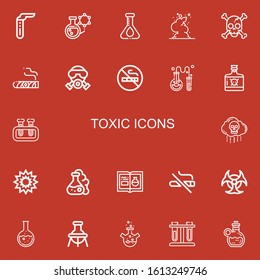 Editable 22 toxic icons for web and mobile. Set of toxic included icons line Test tube, Flask, Smoke, Skull, Cigar, Gas mask, No smoking, Chemistry, Poison, Bio weapon on red background