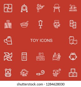 Editable 22 toy icons for web and mobile. Set of toy included icons line Puzzle, Toy, Feeder, Baby chair, Sand bucket, Abacus, Baby food, Dummy, Dog, Domino on red background