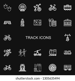 Editable 22 track icons for web and mobile. Set of track included icons line Footprint, Railway, Bicycle, Train, Step, Skier, Turntable, Voice recorder, Running on black background