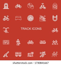 Editable 22 track icons for web and mobile. Set of track included icons line Train, Bicycle, Vinyl, Step, Luge, Turntable, Skier, Marathon, Baton, Tracking, Running on red background
