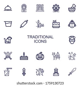 Editable 22 traditional icons for web and mobile. Set of traditional included icons line Bell, Eskimo, Abacus, London eye, Bowl, Syrup, Rolling pin, Snow, Cake on white background