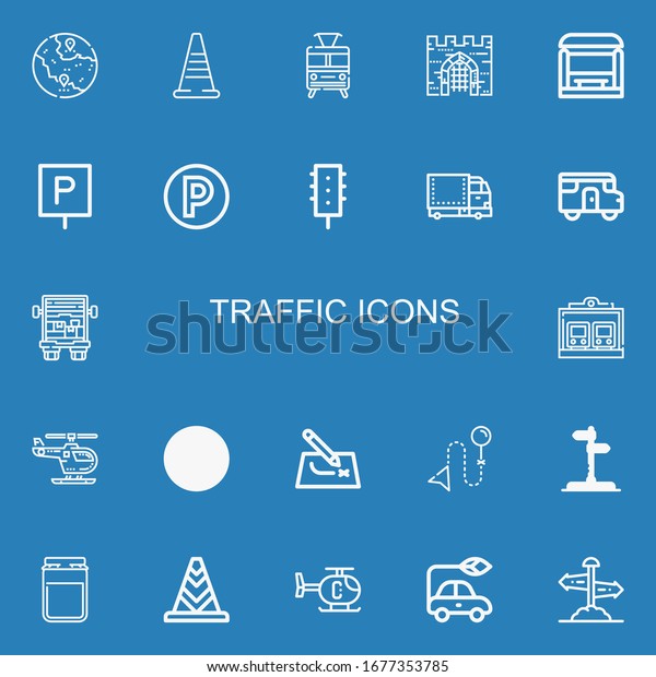 Editable 22 traffic\
icons for web and mobile. Set of traffic included icons line Gps,\
Traffic cone, Train, Gate, Bus stop, Parking, light, Truck, Caravan\
on blue background