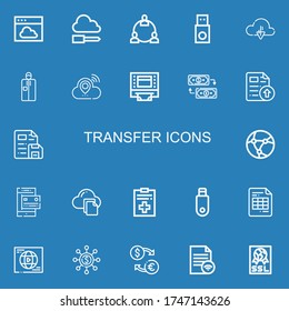 Editable 22 transfer icons for web and mobile. Set of transfer included icons line Cloud, Network, Usb, Portable, Atm, Exchange, File, Payment method, Pendrive on blue background