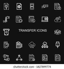 Editable 22 iconos de transferencia para web y móvil. Conjunto de transferencia incluido iconos línea Archivo, método de pago, transferencia de dinero, préstamo, pago en línea, nube, Atm, red sobre fondo negro