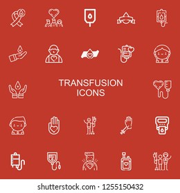 Editable 22 transfusion icons for web and mobile. Set of transfusion included icons line Blood donation, Donors, Blood transfusion, Donor, Hemoglobin, Blood bag on red background