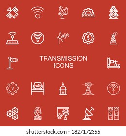 Editable 22 transmission icons for web and mobile. Set of transmission included icons line Satellite, Wifi, Antenna, Cogwheel, Electric tower, Tower, Wind signal on red background