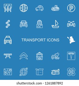 Editable 22 transport icons for web and mobile. Set of transport included icons line Seats, Globe, Taxi, Conveyor, Parking, Chain, Wedding car, Delivery, Sailing boat on blue background