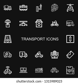 Editable 22 transport icons for web and mobile. Set of transport included icons line Concrete mixer, Train, Suspension, Worldwide, Helicopter, Delivery, Car on black background