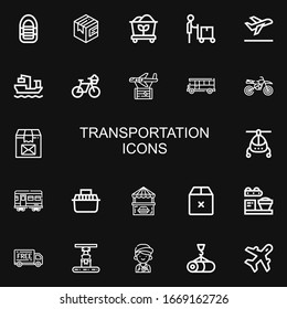 Editable 22 transportation icons for web and mobile. Set of transportation included icons line Inflatable boat, Package, Coal, Delivery man, Take off, Cargo ship on black background