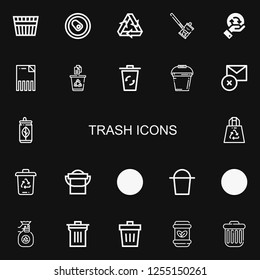 Editable 22 trash icons for web and mobile. Set of trash included icons line Bucket, Can, Recycling, Soda can, Delete, Recycling bin, Recycled Plastic Bag on black background
