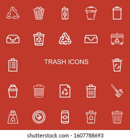 Editable 22 trash icons for web and mobile. Set of trash included icons line Recycle, Trash can, Can, Bucket, Garbage, Inbox, Recycling bin, Recycling, Padnote on red background
