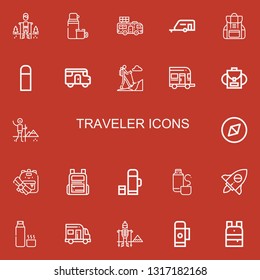 Editable 22 traveler icons for web and mobile. Set of traveler included icons line Hiking, Thermo, Caravan, Backpack, Adventure, Thermos on red background