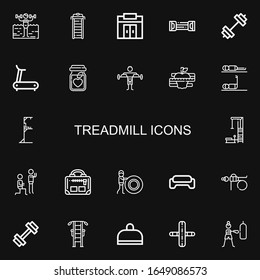 Editable 22 treadmill icons for web and mobile. Set of treadmill included icons line Fitness, Treadmill, Gym, Resistance band, Nutrition, Diet, Gym station on black background