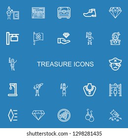 Editable 22 treasure icons for web and mobile. Set of treasure included icons line Safety box, Treasure, Chest, Leprechaun shoe, Diamond, Sign, Pirate flag on blue background