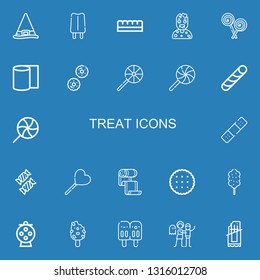 Editable 22 treat icons for web and mobile. Set of treat included icons line Witch, Popsicle, Chocolate bar, Zombie, Lollipop, Bandages, Biscuit, Stick candy on blue background