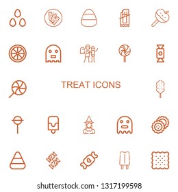 Editable 22 treat icons for web and mobile. Set of treat included icons line Candies, Chocolate bar, Candy, Caramelized apple, Ghost, Haunted house, Lollipop on white background