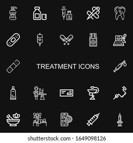 Editable 22 treatment icons for web and mobile. Set of treatment included icons line Shampoo, Syrup, Vaccine, Needle, Tooth, Plaster, Blood, Pill, Medicine on black background