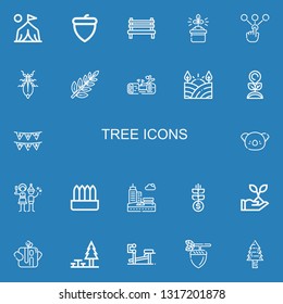 Editable 22 tree icons for web and mobile. Set of tree included icons line Camp, Acorn, Bench, Gardening, Choice, Leaf insect, Leaf, Wood, Field, Plant, Garlands on blue background