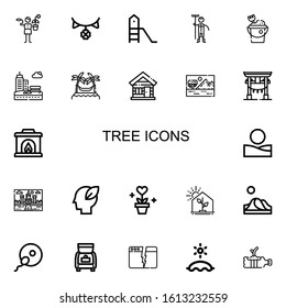Editable 22 tree icons for web and mobile. Set of tree included icons line Gardener, Garland, Playground, Sand bucket, Park, Hammocks, Wood house, Savannah on white background