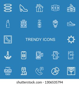 Editable 22 trendy icons for web and mobile. Set of trendy included icons line Ribs, Shoe, Home, Smartphone, Milkshake, Hotel, Bouquet, Sneakers, Telephone on blue background