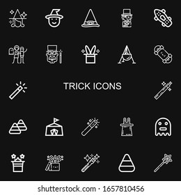 Editable 22 trick icons for web and mobile. Set of trick included icons line Witch, Magician, Skateboard, Haunted house, Magic hat, Cauldron, Magic wand, Candy corn on black background