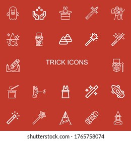 Editable 22 trick icons for web and mobile. Set of trick included icons line Ghost, Juggling ball, Magic, Magic wand, Haunted house, Witch, Magician, Candy corn on red background