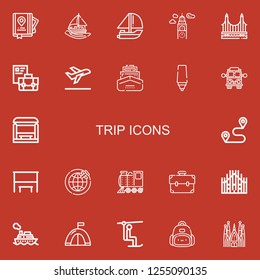 Editable 22 trip icons for web and mobile. Set of trip included icons line Guide, Sailing boat, Yatch, Croatia, Golden gate, Briefcase, Take off, Ship, Marker on red background