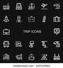 Editable 22 trip icons for web and mobile. Set of trip included icons line Bus, Road, Yatch, Take off, Helicopter, Position, Guide, Briefcase, Pisa, Suitcase on black background