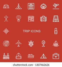 Editable 22 trip icons for web and mobile. Set of trip included icons line Tent, Motorway, Backpack, Take off, Pins, Hot air balloon, Bus stop, Suitcase, Road on red background