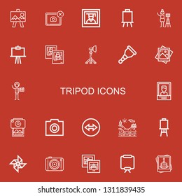 Editable 22 tripod icons for web and mobile. Set of tripod included icons line Canvas, Photo, Photography, Photographer, Reflector, Wooden leg, Team viewer, Geology on red background