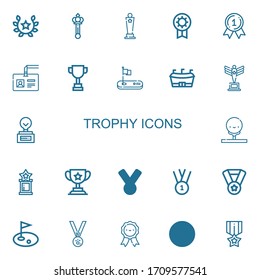 Editable 22 trophy icons for web and mobile. Set of trophy included icons line Laurel, Scepter, Award, Prize, Medal, Badge, Trophy, Golf, Football, Medals on white background