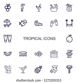 Editable 22 tropical icons for web and mobile. Set of tropical included icons line Blueberry, Toucan, Cocktail, Coconut, Beach, Anglerfish, Crocodile, Sandals on white background