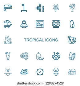 Editable 22 tropical icons for web and mobile. Set of tropical included icons line Chameleon, Cane, Bamboo, Coral, Cocktail, Beach, Terrarium, Aquarium, Cactus on white background