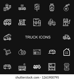 Editable 22 truck icons for web and mobile. Set of truck included icons line Delivery man, Bus, Sale, Gas, Dynamite, Truck, Warehouse, Parcel, Gas station on black background