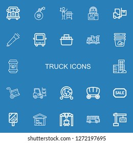 Editable 22 truck icons for web and mobile. Set of truck included icons line Bus, Dynamite, Gas, Delivery, Blower, Transport, Delivery truck, Container, Waste on blue background