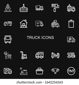 Editable 22 truck icons for web and mobile. Set of truck included icons line Ship, Crane, Concrete mixer, Roller, Delivery truck, Firefighter, Warehouse, on black background
