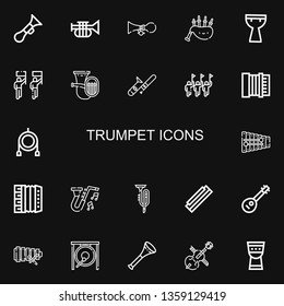 Editable 22 trumpet icons for web and mobile. Set of trumpet included icons line Horn, Trumpet, Bagpipes, Kettledrum, Parade, Tuba, Trombone, Accordion, Toy on black background