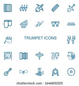 Editable 22 trumpet icons for web and mobile. Set of trumpet included icons line Accordion, Parade, Cello, Harmonica, Conga, Xylophone, Trombone, Timpani, Bagpipes on white background