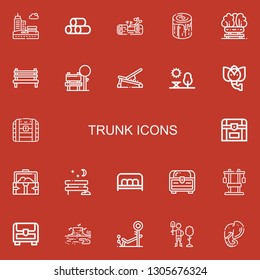 Editable 22 trunk icons for web and mobile. Set of trunk included icons line Park, Wood, Log, Bench, Elephant, Chest, Treasure, Trunk, Reforestation on red background