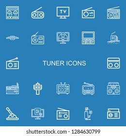Editable 22 tuner icons for web and mobile. Set of tuner included icons line Control panel, Radio, Tv, Control on blue background